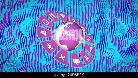 Image of globe with media icons over shapes moving Stock Photo