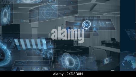 Image of multiple round scanners and data processing against empty office Stock Photo