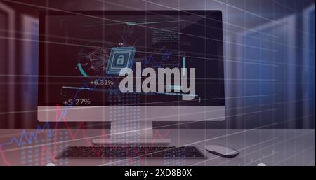 Image of statistical data processing against security padlock icon on computer screen Stock Photo
