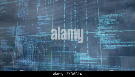 Image of computer language over infographic interface, modern cityscape against cloudy sky Stock Photo