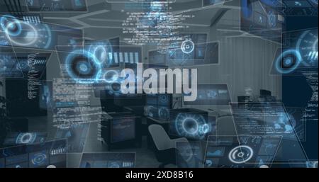 Image of multiple round scanners and data processing against empty office Stock Photo