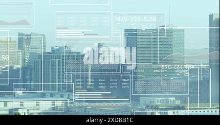 Image of financial data processing over cityscape Stock Photo