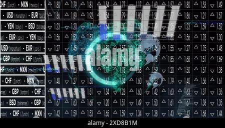 Image of globe, statistics and financial data processing Stock Photo