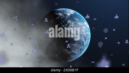 Image of network of connections with icons over globe Stock Photo