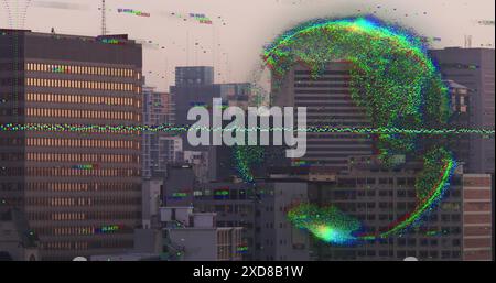 Image of data processing over spinning globe against aerial view of cityscape Stock Photo