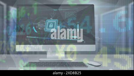 Image of stock market data processing against security padlock icon on computer screen Stock Photo