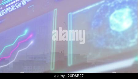 Image of interface with data processing against aerial view of cityscape Stock Photo