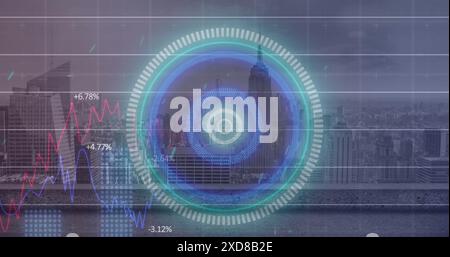 Image of illuminated circles, multiple graphs over modern city against cloudy sky Stock Photo