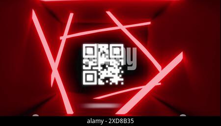 Image of qr code and neon lines on black background Stock Photo