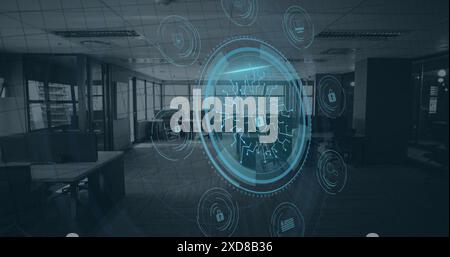 Image of cyber security text banner and digital icons against empty office Stock Photo
