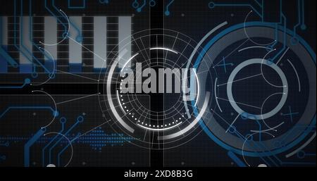 Image of interface with round scanner, microprocessor connections and data processing Stock Photo