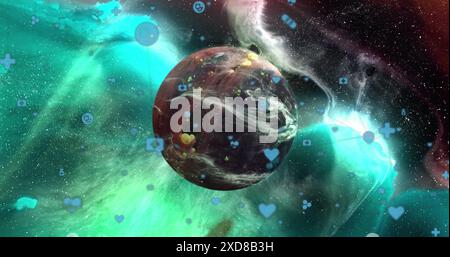 Image of network of connections with icons over globe Stock Photo