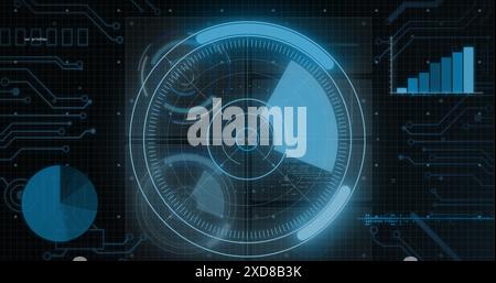Image of round scanner scanning over interface with data processing against black background Stock Photo