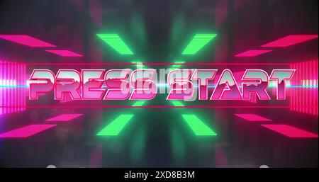 Image of press start text banner against neon tunnel in seamless pattern Stock Photo
