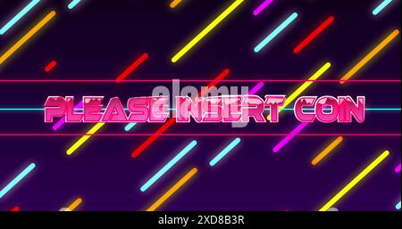 Image of please insert coin text over neon pattern background Stock Photo