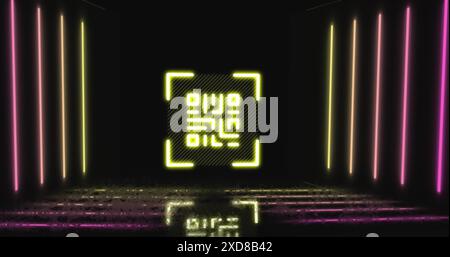 Image of qr code and neon lines on black background Stock Photo