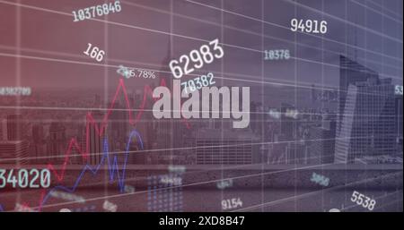 Image of numbers and data processing over cityscape Stock Photo