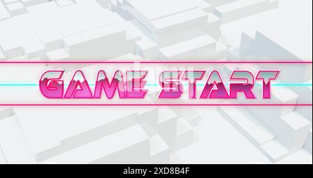 Image of game start text over neon lines with 3d background Stock Photo