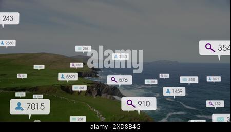 Image of social media icons and data processing over sea Stock Photo