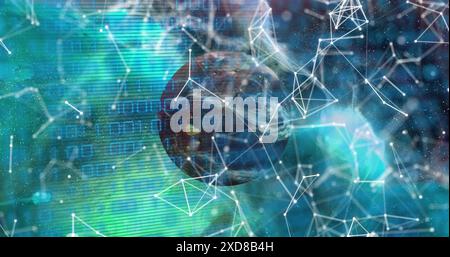 Image of network of connections with icons over globe Stock Photo