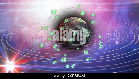 Image of network of connections with icons over globe Stock Photo