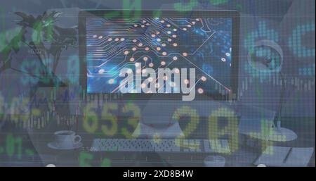 Image of stock market data processing over microprocessor connections on computer screen Stock Photo