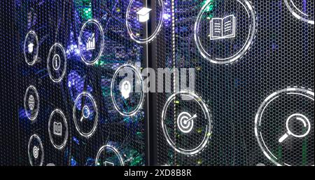 Image of multiple digital icons against close up of a computer server Stock Photo