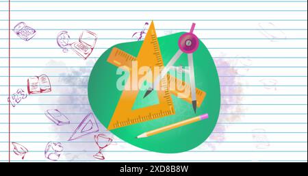 Image of school icons over white ruled paper background Stock Photo