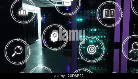 Image of icons and data processing over computer servers Stock Photo