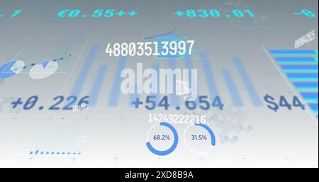 Image of changing numbers and statistical data processing against grey gradient background Stock Photo