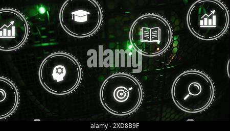 Image of multiple digital icons against close up of a computer server Stock Photo