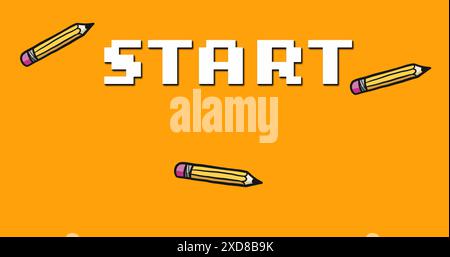 Image of start text and pencil school icons over orange background Stock Photo