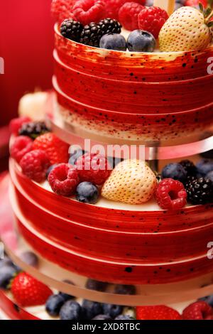 A vibrant multi-tiered fruit cake, adorned with fresh strawberries, raspberries, blackberries, and blueberries Stock Photo