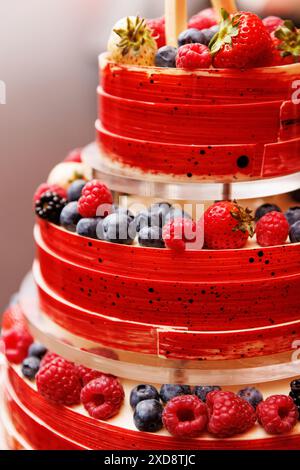 A vibrant multi-tiered fruit cake, adorned with fresh strawberries, raspberries, blackberries, and blueberries Stock Photo