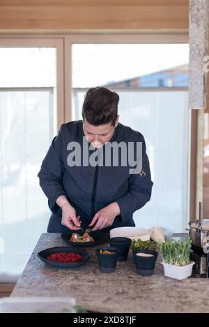 Chef plating food in a modern kitchen with herbs and utensils Stock Photo