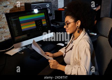 A woman in a recording studio sits in front of a computer, focusing on mixing music for a band rehearsal. Stock Photo