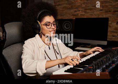 Talented woman with afro hair plays keyboard in music band rehearsal at recording studio. Stock Photo