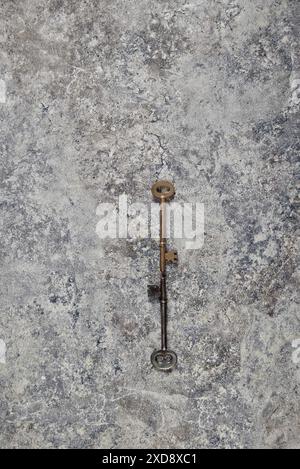2 old large keys arranged in a pattern viewed from above, book cover style. 1 dark metal 1 gold coloured. Stock Photo