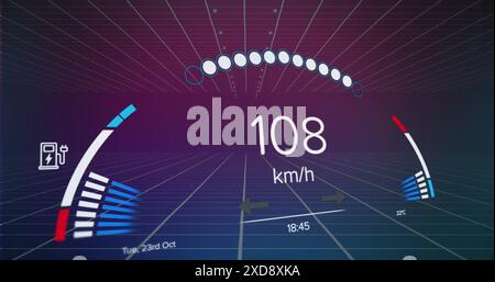 Image of speedometer over grid network against purple gradient background Stock Photo