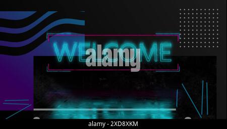 Image of neon blue welcome text banner and abstract shapes against black background Stock Photo