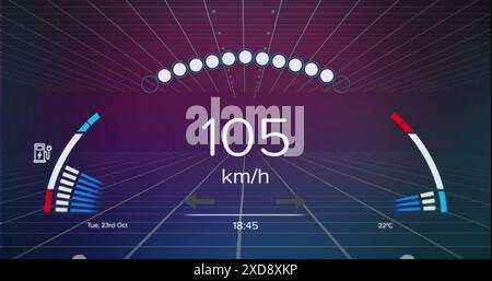 Image of speedometer over grid network against purple gradient background Stock Photo