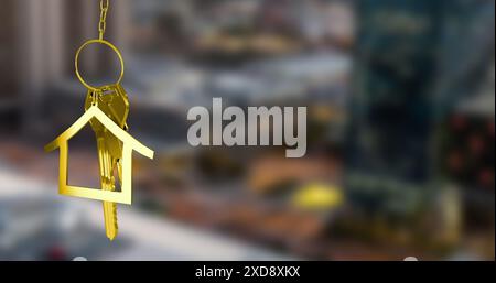 Image of golden key and house over cityscape Stock Photo
