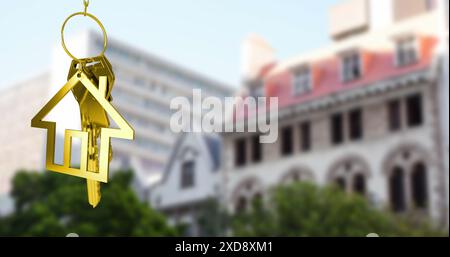 Image of golden key and house over cityscape Stock Photo