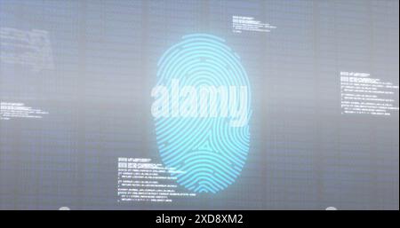 Image of fingerprint scanning and programming language moving over blurred binary codes Stock Photo