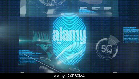 Image of fingerprint scanning with multiple hud screens, computer language over binary codes Stock Photo