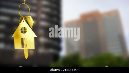 Image of golden key and house over cityscape Stock Photo