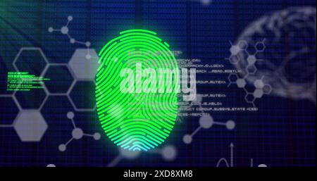 Image of fingerprint, computer language, molecule structure, human brains on binary codes Stock Photo