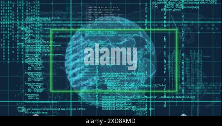 Image of rectangle shape with rotating globe, map and computer language over grid pattern Stock Photo