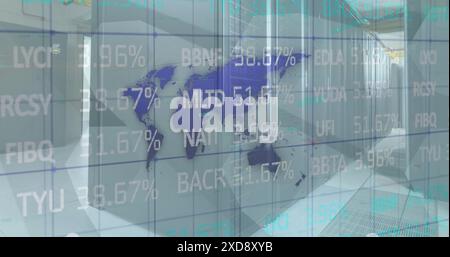 Image of stock market data data processing over world map against computer server room Stock Photo