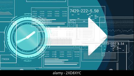 Image of neon ticking clock and arrow icons against interface with data processing Stock Photo